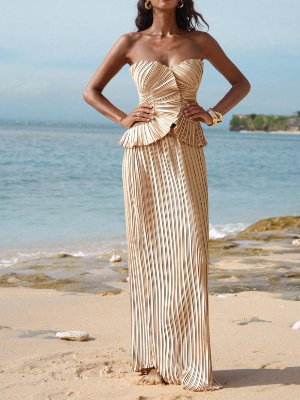Gold Pleated Strapless Peplum Top & Maxi Skirt Set